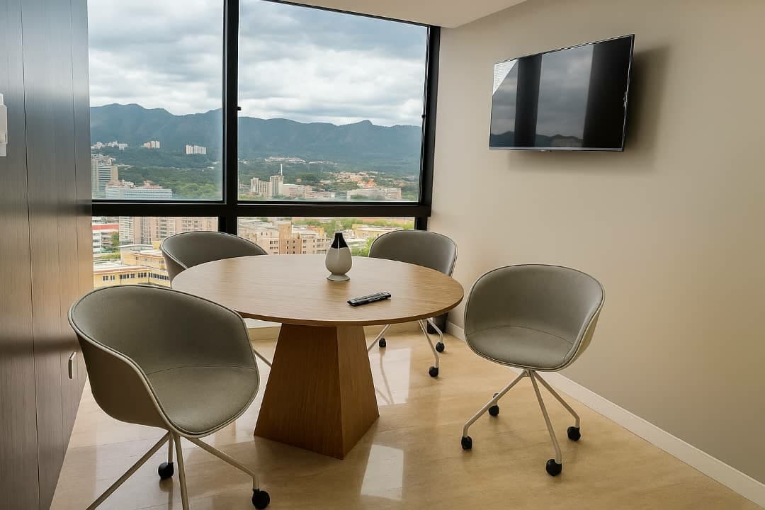 Sala de reuniones con sillas naranjas